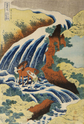 Two Men Washing A Horse in A Waterfall