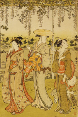 Three Women Viewing Wisteria At Kamedo