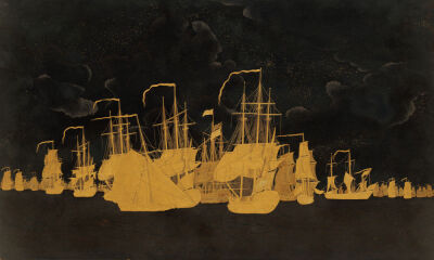 A Fine Lacquered Copper Panel, Decorated In Gold And Silver Depicting The Battle Of Doggerbank