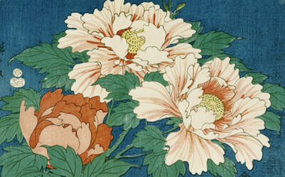 Three Stems Of Peonies On A Blue Background, 1857