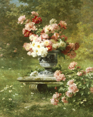 Peonies In An Urn In A Garden