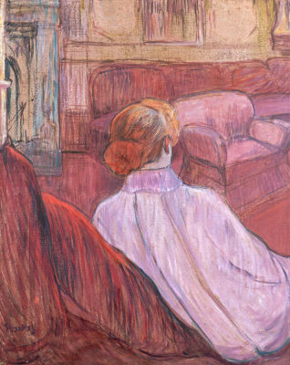 Woman Sat On A Red Settee