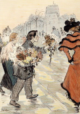 A Street Scene With Flower Vendors. One Of Twenty Illustrations For 'Autour Trottoir'