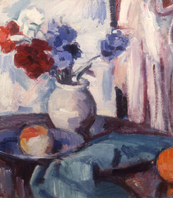 Mixed Carnations And Cornflowers In A Pottery Vase, Circa 1931