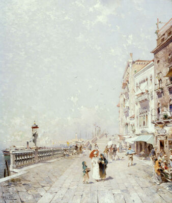 The Molo, Venice, Looking West With Figures Promenading