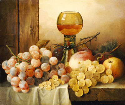 Grapes, Apple, Plums And Peach With Hock Glass On Draped Ledge