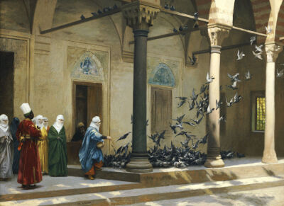 Harem Women Feeding Pigeons In A Courtyard