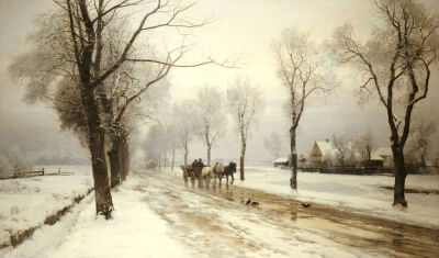 An Extensive Winter Landscape With A Horse And Cart, 1882