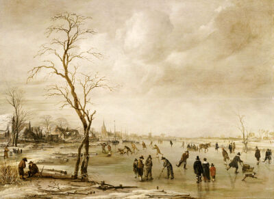 A Winter Landscape With Townsfolk Skating And Playing Kolf On A Frozen River