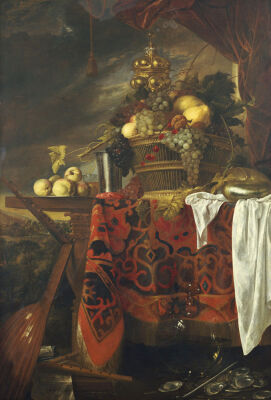 A Basket Of Mixed Fruit With Gilt Cup, Silver Chalice, Nautilus, Glass And Peaches On Plate