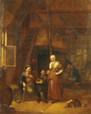 The Interior Of An Inn With A Man Paying A Serving Woman