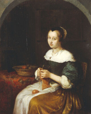 A Woman Knitting With A Basket Of Fruit On A Carpet-Covered Table Beside Her