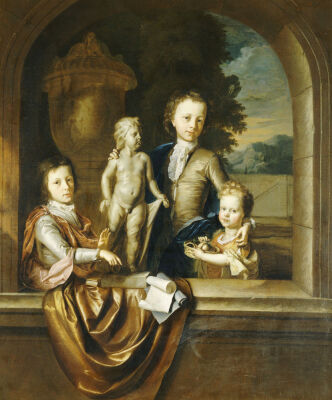 A Group Portrait Of Three Children Standing At A Niche