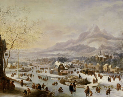 An Extensive River Landscape, With Numerous Figures Skating Outside A Town