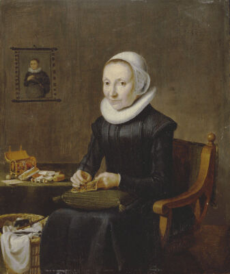 Portrait Of An Old Lady, Aged 54, Embroidering, Dutch School, C. 1650
