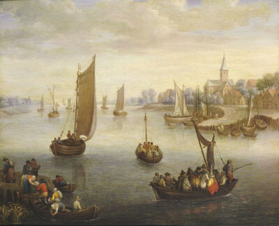 A River Landscape With Ferry Boats A Village Beyond