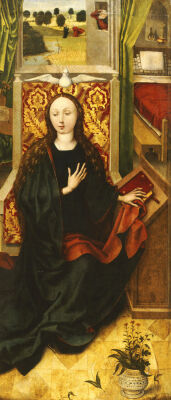 The Virgin Annunciate, Saint Joseph And The Visitation Beyond A Wing Of An Altarpiece