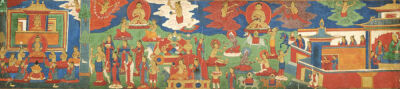 A Tibetan Painted Cotton Manuscript Cover Painted With Various Offering Scenes