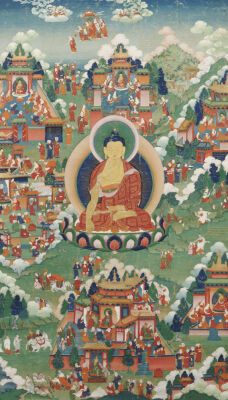 A Tibetan Thang.Ka Depicting Buddha Shakyamuni Seated On A Lotus