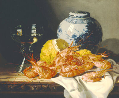 Shrimps, A Peeled Lemon, A Glass Of Wine