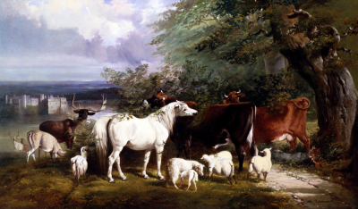 Cattle, Deer, A Gray Mare, And Sheep By A Lake With A Castle Beyond