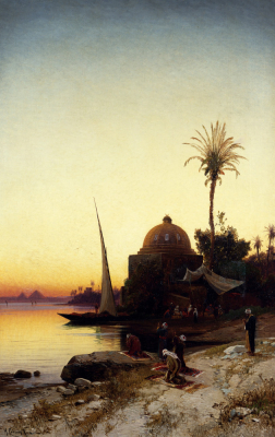 Arab Men Praying By The Nile At Sunset