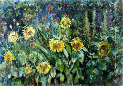 Sunflowers and Apple Tree