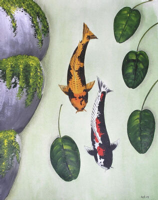 Koi Hikari Utsuri and Kawarimono stones and lillies
