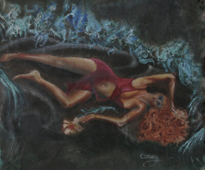 woman in a red dress holding a flower
