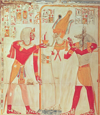 Sethos burns incense before Osiris