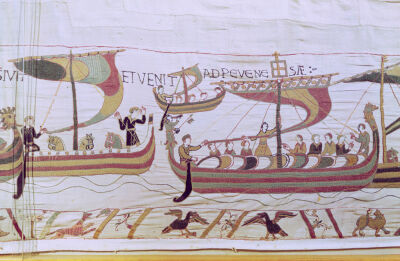 Duke William and his Fleet Cross the Channel to Pevensey, from the Bayeux Tapestry