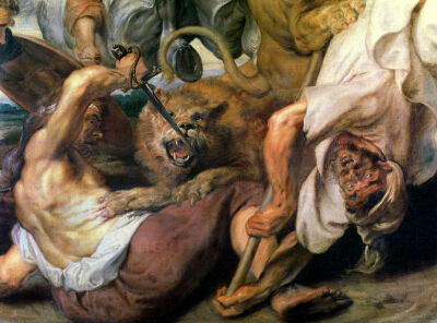 Lion Hunt, detail of two men and a lion, 1621