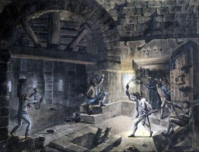 View of a cell in the Bastille releasing prisoners on 14th July 1789