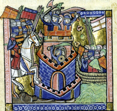 Tyre being blockaded by the Venetian fleet and beseiged by Crusader knighthood