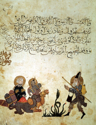 Abou Zayd meets some merchants mounting their camels from 'Al Maqamat'