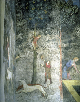 Hunting dogs and men climbing a tree (detail) 1347
