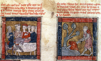 Galahad comes to Arthur and draws the sword in the river at Camelot c.1250