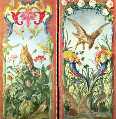 Two panels of carpet made into a folding screen