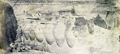 Sketch of a shop with nine giant amphorae