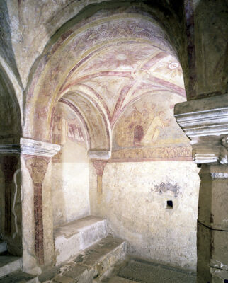 View of the Carolingian frescoes in the inner crypt