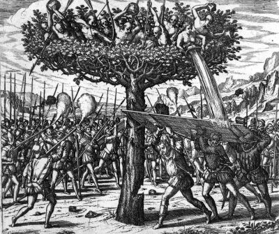 Indians in a Tree Hurling Projectiles at the Spanish