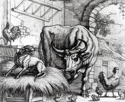 Illustration for 'The Dog and the Ox' from Aesop's Fables 1666