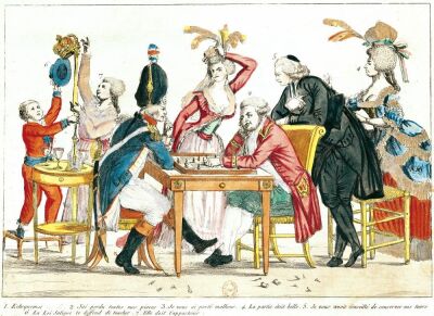 Caricature of Louis XVI playing chess with a soldier