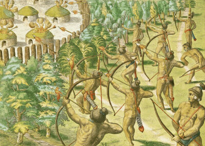 Attack on an Indian Village with Flaming Arrows from 'Brevis Narratio...'
