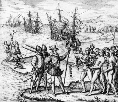 Christopher Columbus receiving gifts from the cacique Guacanagari