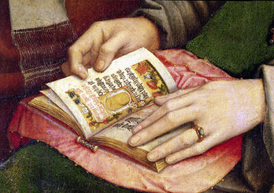 Virgin and Child with Saints detail of an book c.1509