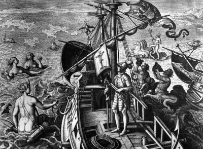 Christopher Columbus on board his caravel discovering America