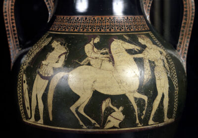 Attic white-figure amphora depicting amazons preparing for battle