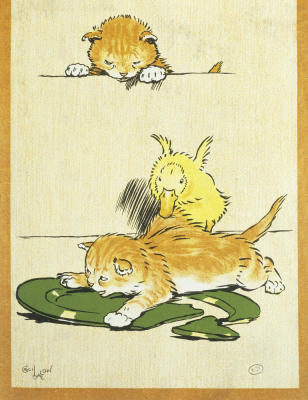 Kittens and duckling playing with a plate, c. 1900