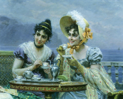 Gallant conversation, 1894, women drinking tea, detail